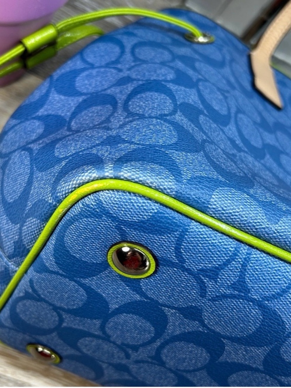 Coach Blue Signature Tote with Lime Center Stripe and Beige Trim - Picture 12 of 14